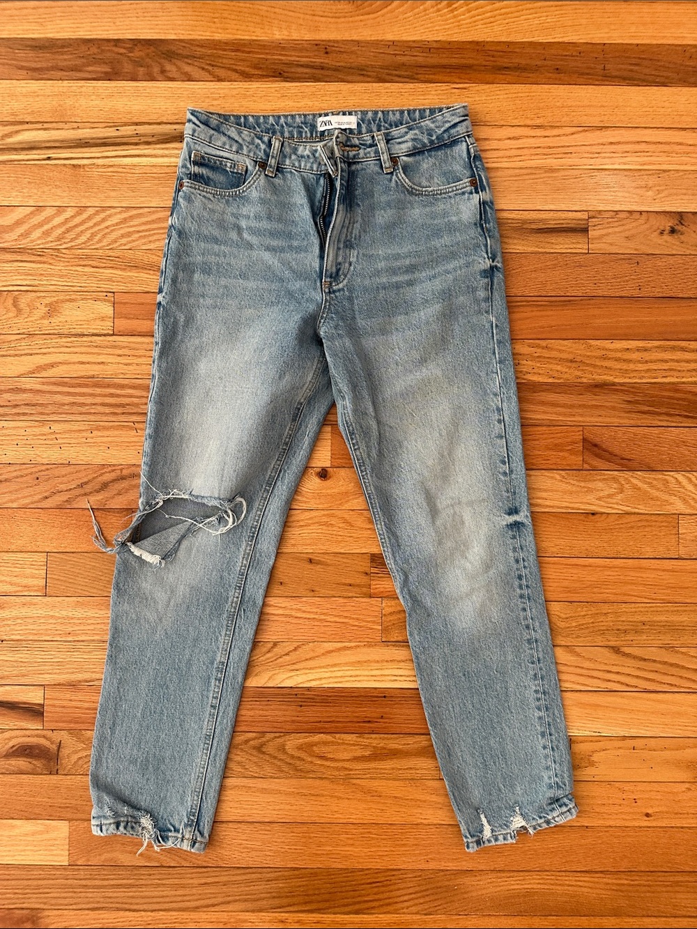 Zara Light Wash Distressed Mom Jeans